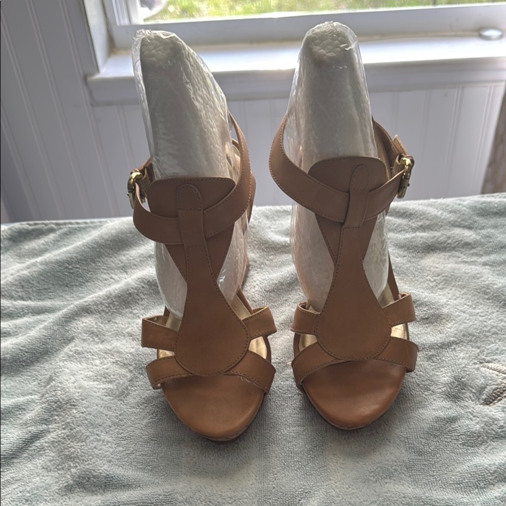 Guess Tan Ankle Wrap 4” Wedges